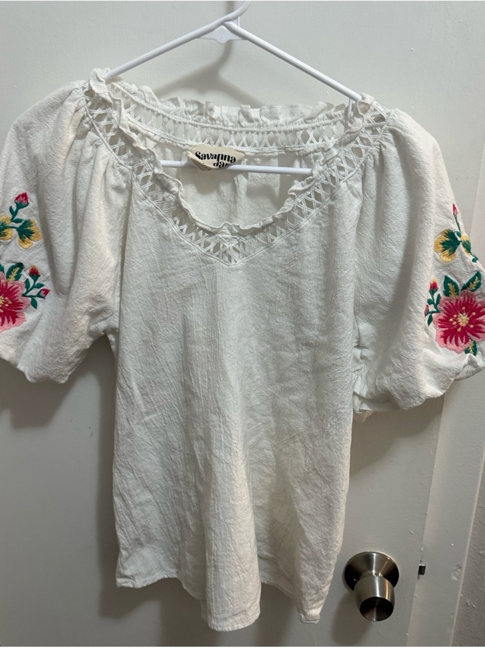 Savanna Jane White Peasant Blouse with Pink & Yellow Floral Embroidery - Picture 1 of 3